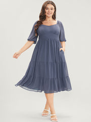 Solid Pocket Mesh Lantern Sleeve Shirred Back Ruffles Tiered Dress