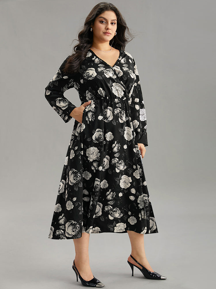 Floral Print Pocket Elastic Waist Wrap Dress