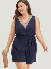 Solid Pocket Contrast Lace Belted Tank Romper