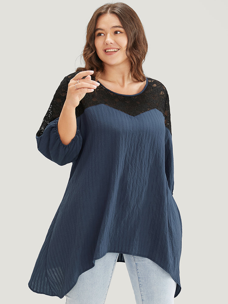 Plain Contrast Lace Asymmetrical Lantern Sleeve Blouse