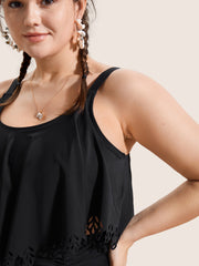 Solid Ruffle Trim Laser Cut Swim Top