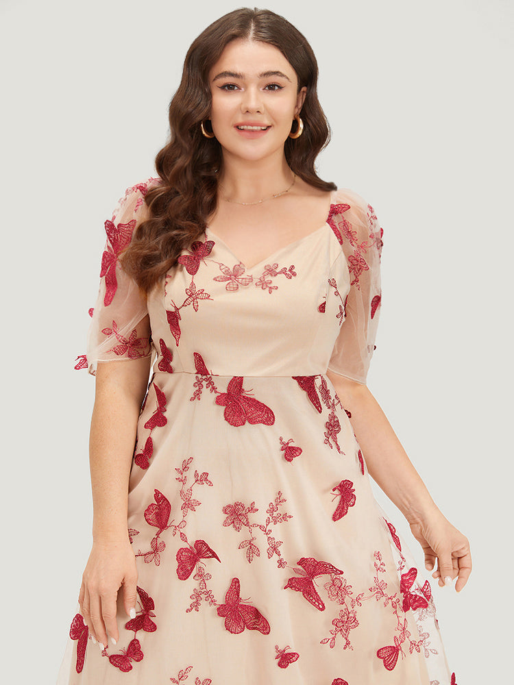 Silhouette Floral Print Mesh Puff Sleeve Dress