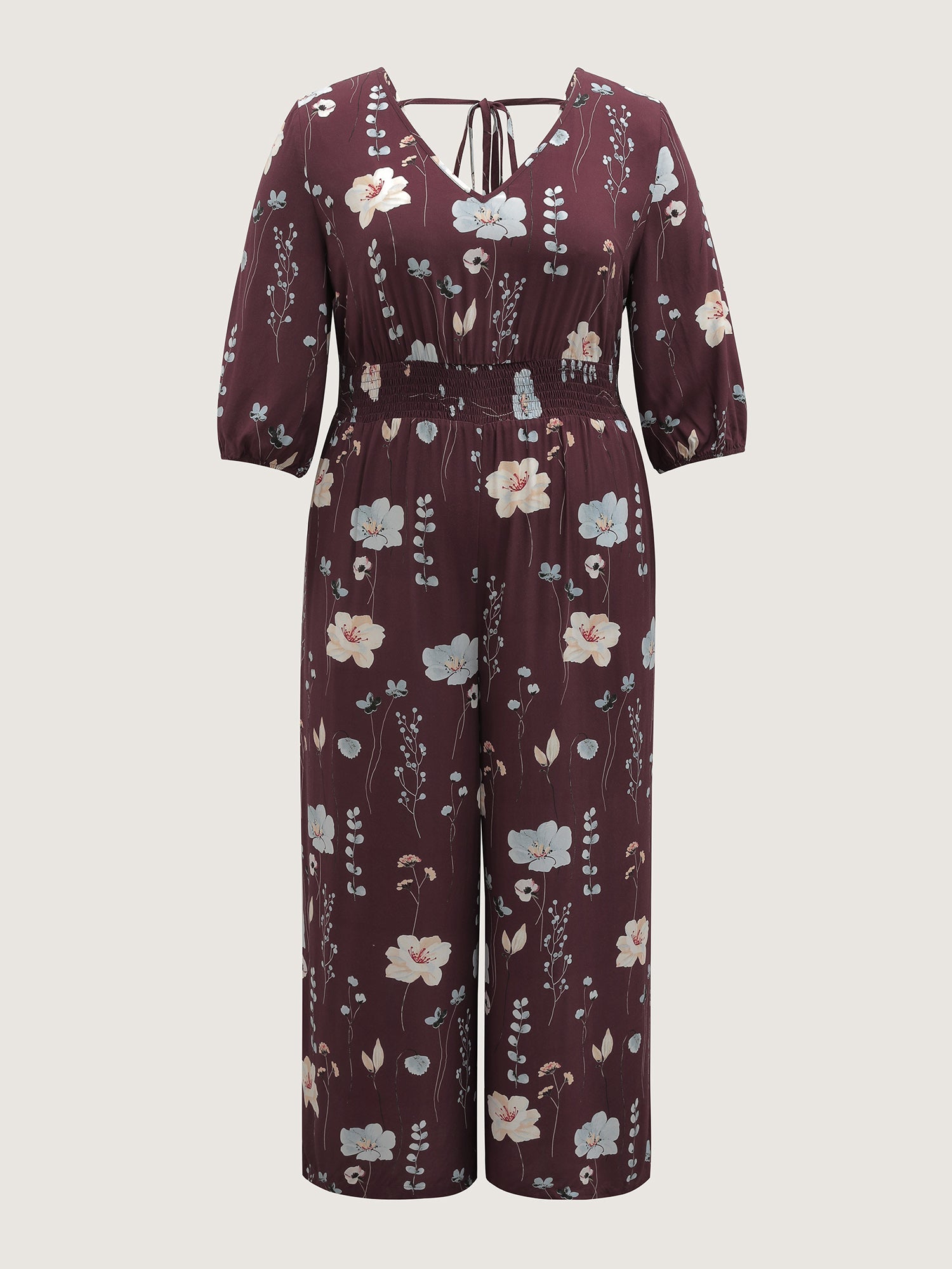 Floral Branch Print Shirred Waist Jumpsuit