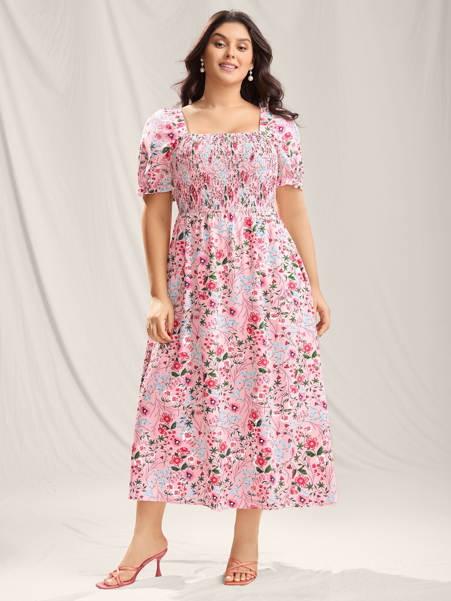 Shirred Floral Print Pockets Maxi Dress