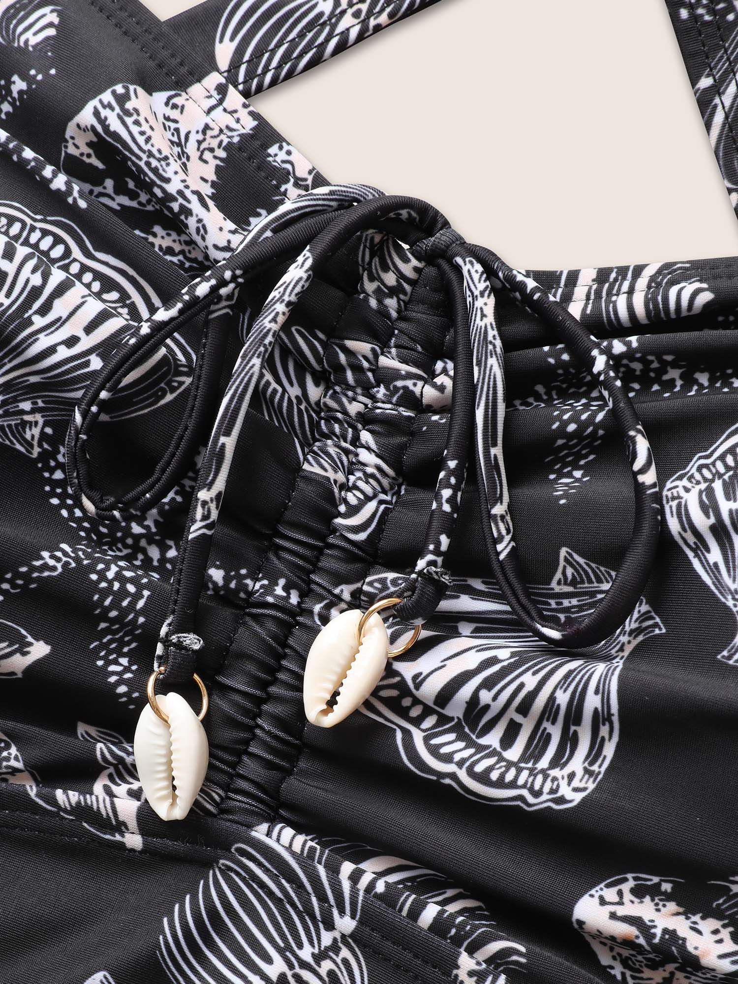 Shell Print Drawstring Ruched Skinny Swim Top