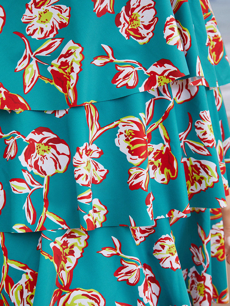 Floral Adjustable Straps Knotted Ruched Ruffle Tiered Swim Dress