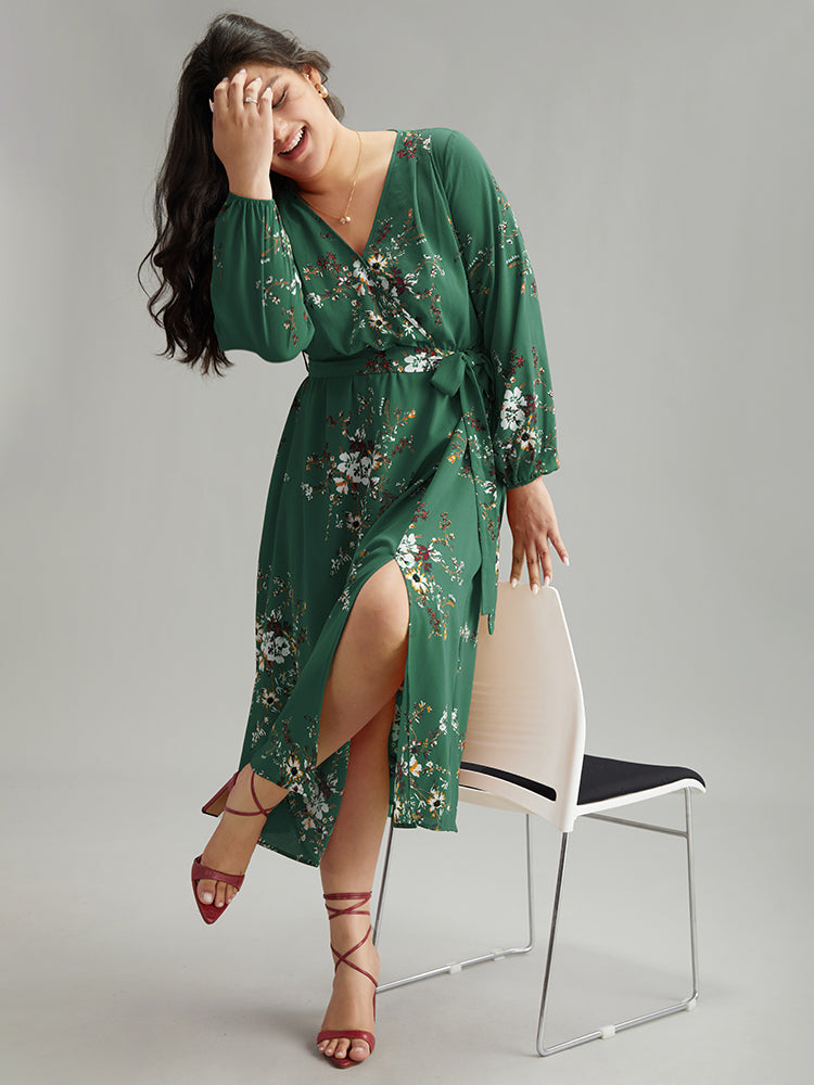 Floral Print Belted Split Surplice Neck Dress