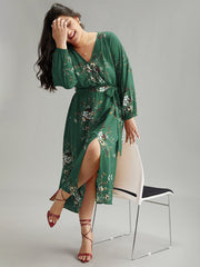Floral Print Belted Split Surplice Neck Dress