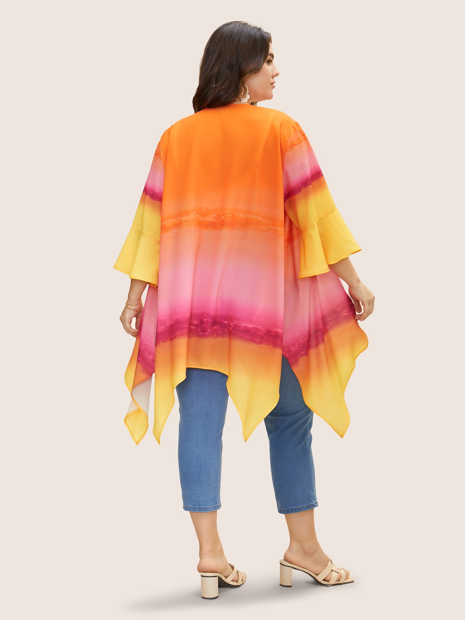 Ombre Ruffle Sleeve Asymmetrical Hem Kimono