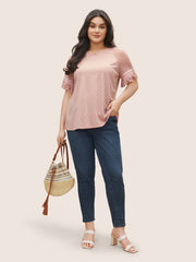 Solid Cut Out Raglan Sleeve Fuzzy Trim T-shirt