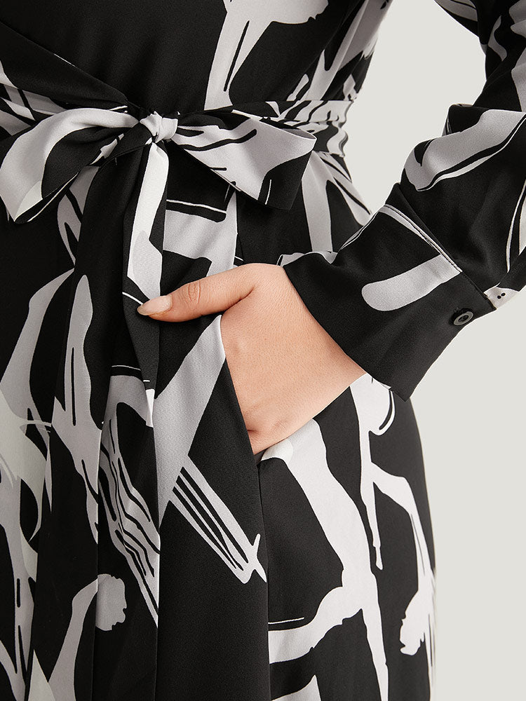 Geometric Print Pocket Wrap Ties Dress