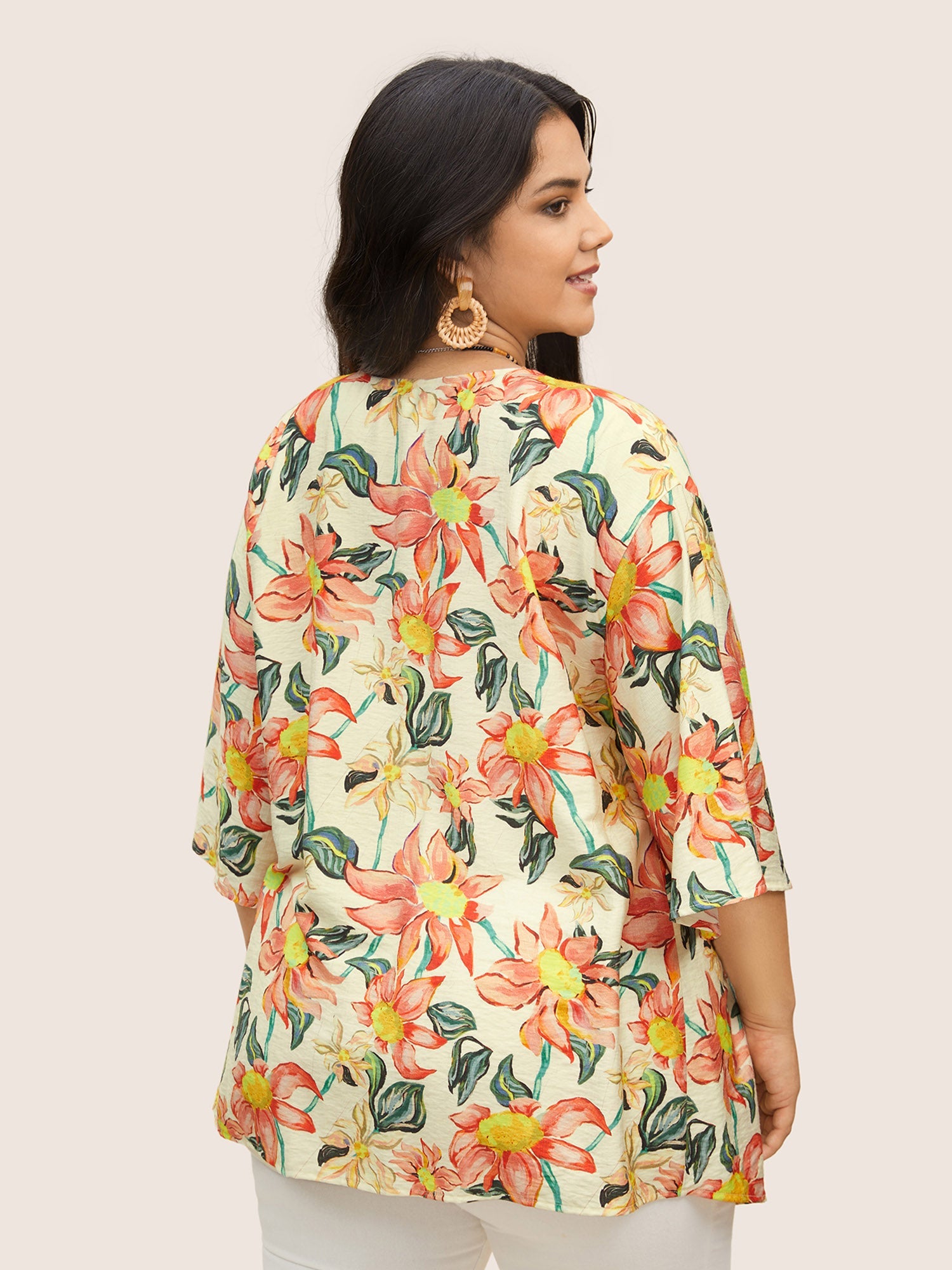 Floral Print Tie Knot Ruffle Sleeve Kimono