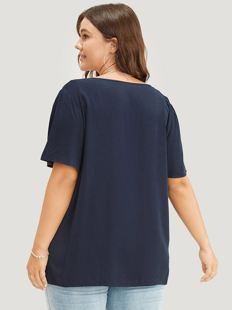 Solid Pleated Detail Tie Neck Ruffle Blouse