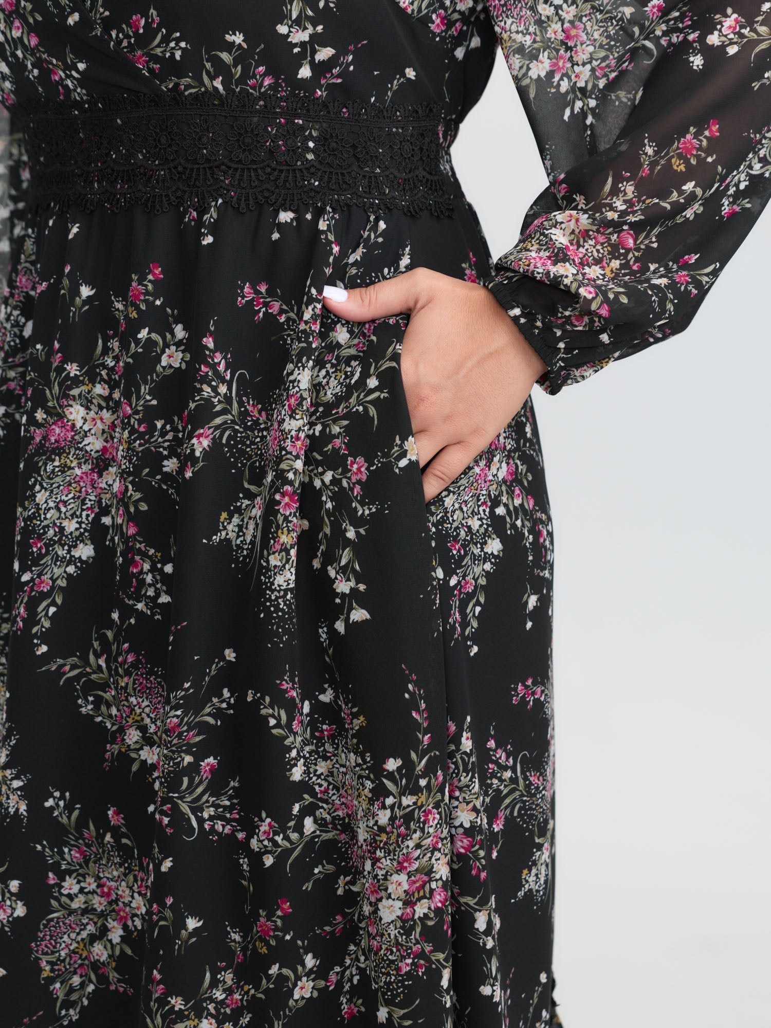 Soft Floral Print Lace Trim Midi Dress