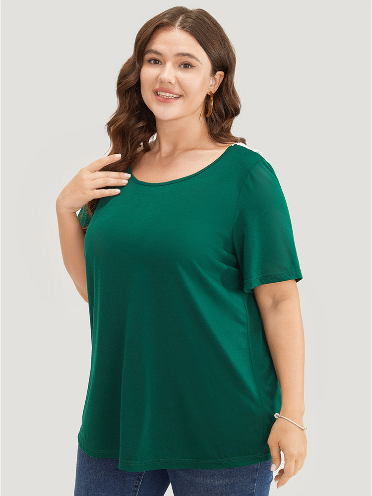 Solid Contrast Lace Crisscross Back T-shirt