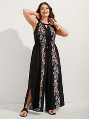 Floral Halter Neck Slit Hem Jumpsuit