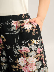 Floral Print Pockets Wide-Leg Pants