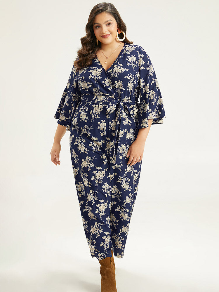 Floral Print Bell Sleeve Pocket Belted Jumpsuit