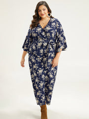 Floral Print Bell Sleeve Pocket Belted Jumpsuit