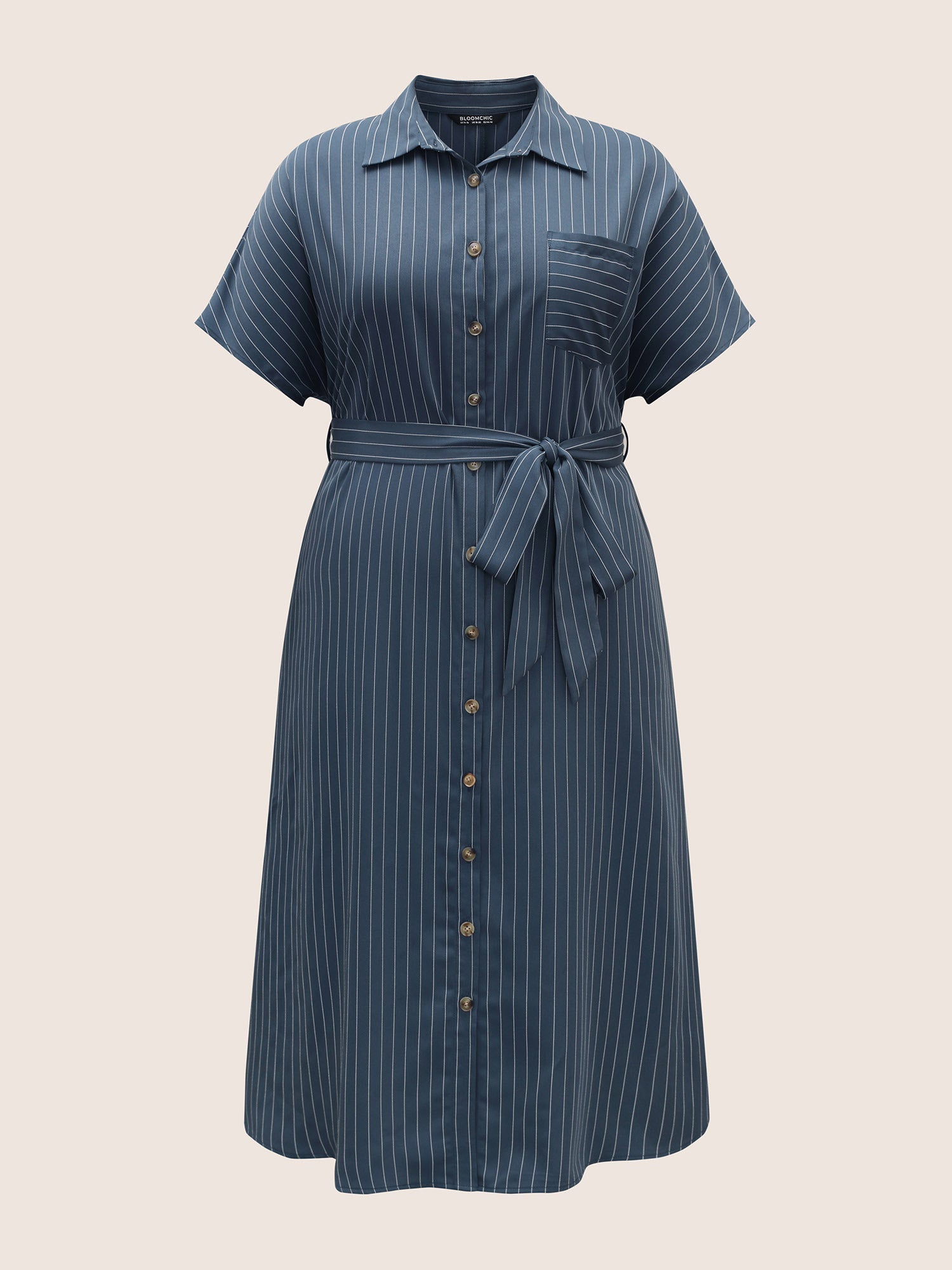 Shirt Collar Striped Curved Hem Midi Dress
