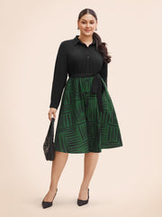 Geometric Patchwork Button Up Belted Dress