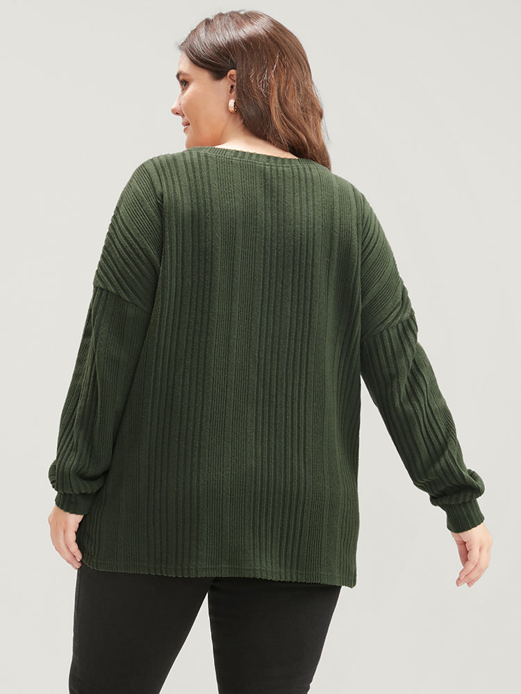 Solid Round Neck Pearls Beaded Rib Knit Sweatshirt