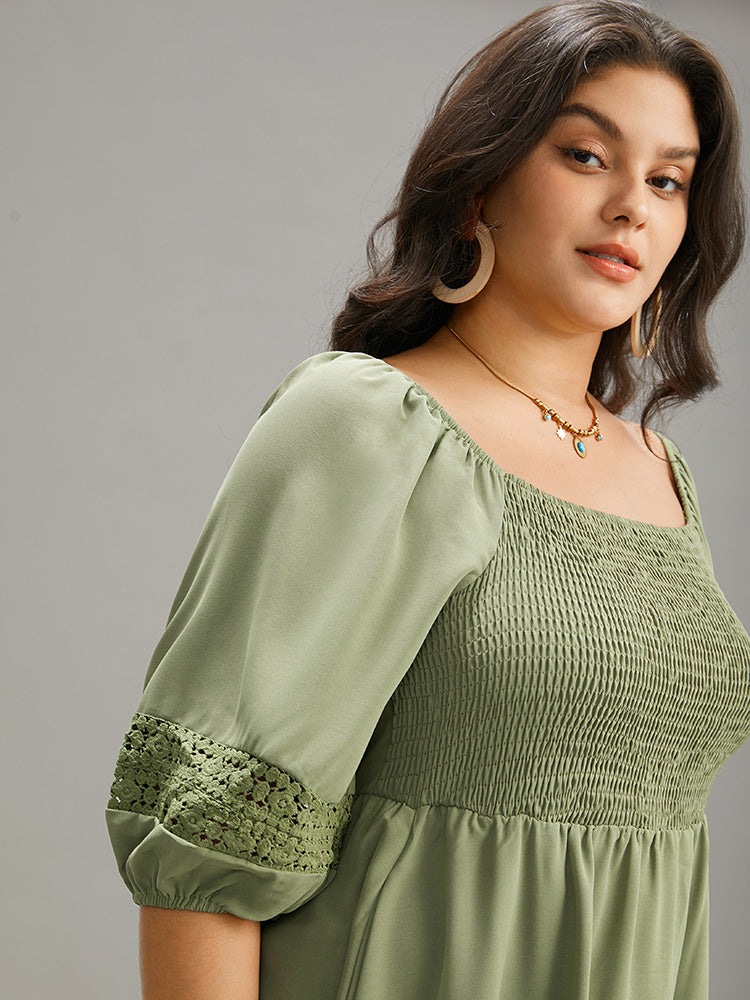 Solid Shirred Square Neck Guipure Lace Dress