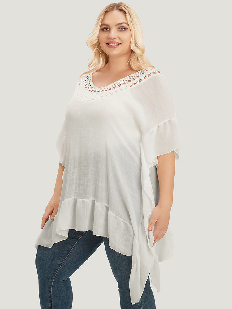 Solid Ruffle Trim Dolman Sleeve Lace Asymmetrical Hem Knit Top