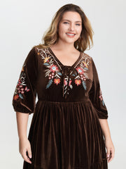 Floral Embroidered Stretchy Waist Pockets Midi Dress