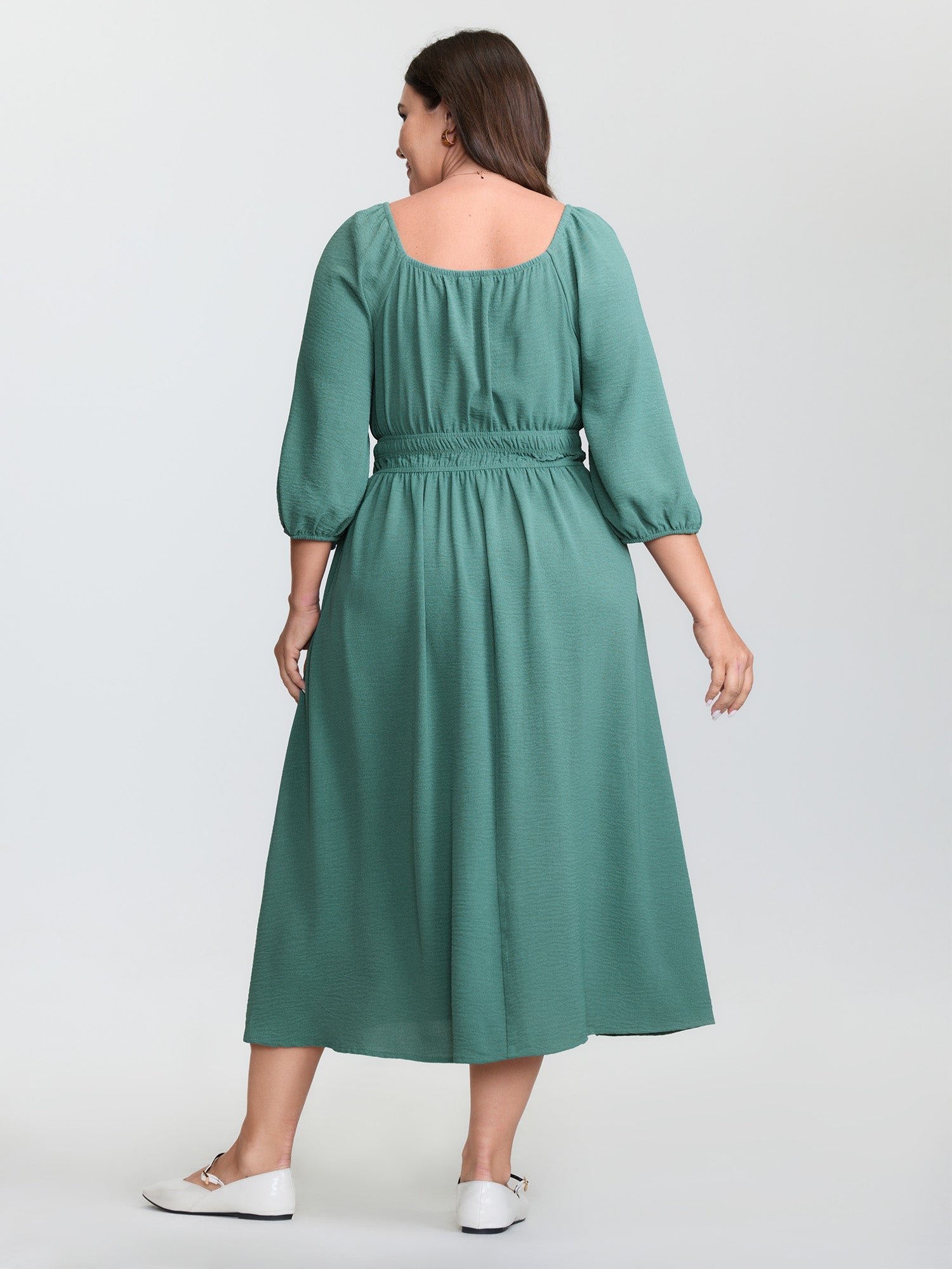 Shirred Waist Drawstring Neckline Midi Dress