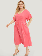 Solid Flutter Sleeve Button Detail Pocket Drawstring Dress