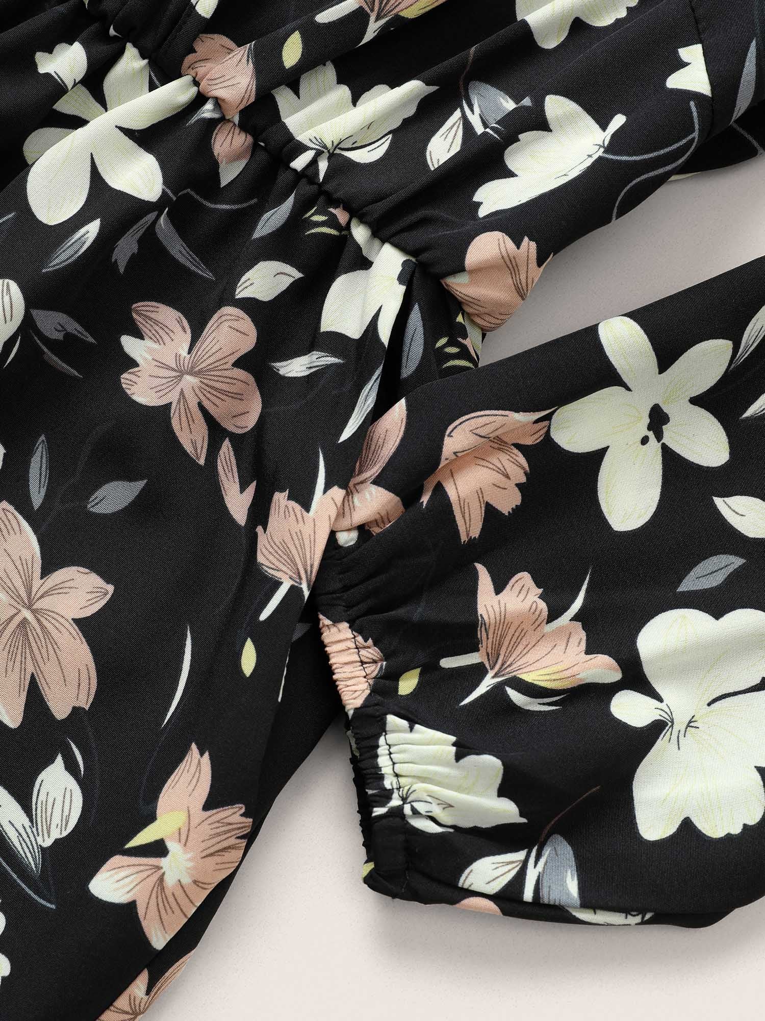 Floral Elastic Waist Belted Wrap Jumpsuit