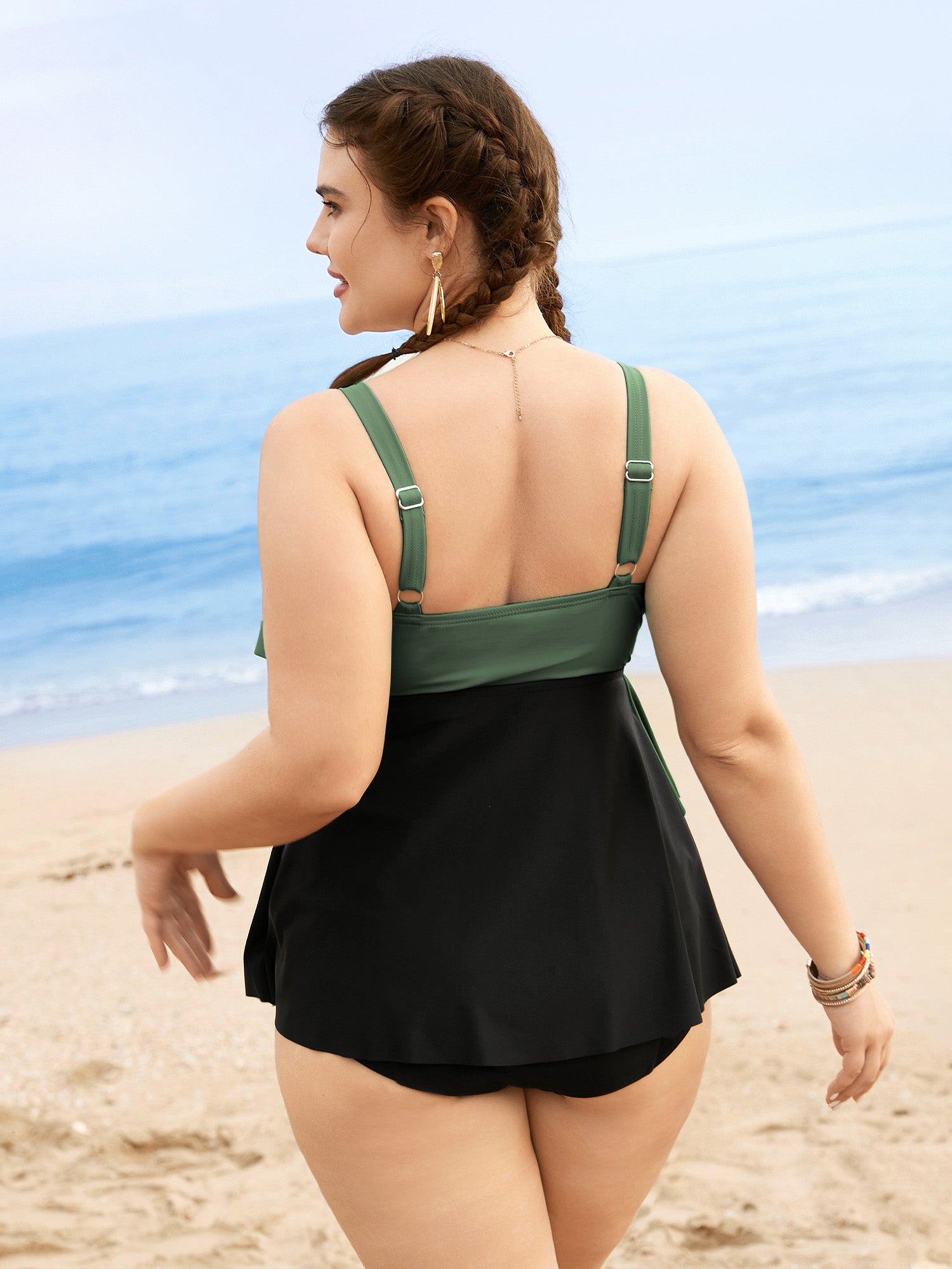 Colorblock Contrast Ruffle Layered Hem Tankini Top