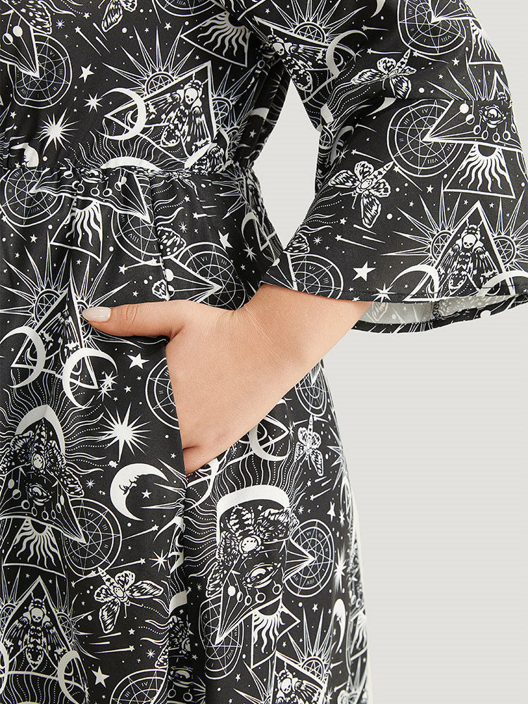 Halloween Moon & Star Lace Up Pocket Bell Sleeve Dress