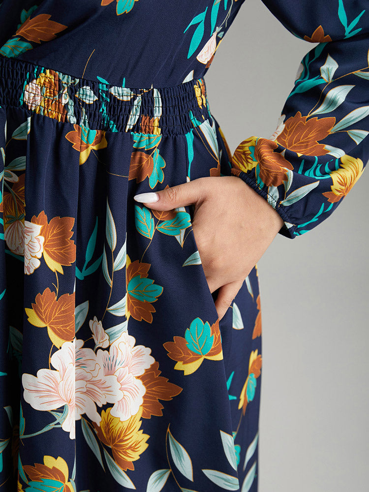 Floral Print Shirred Lantern Sleeve Dress