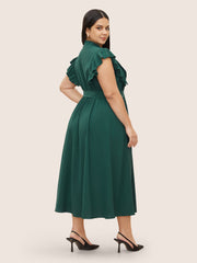 Shirt Collar Solid Pleated Ruffle Cap Sleeve Dress