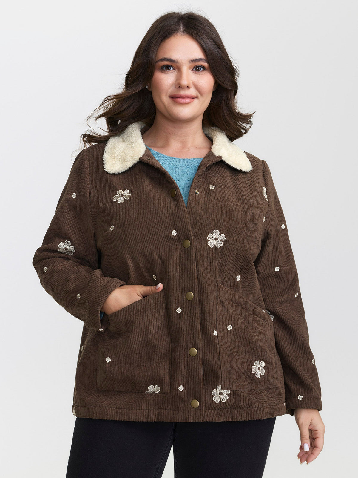 Floral Emrboidered Textured Button Jacket