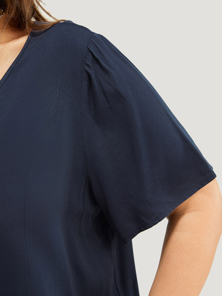 Solid Pleated Detail Tie Neck Ruffle Blouse