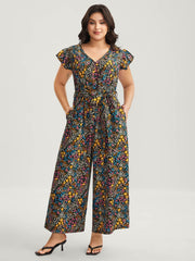 Floral Print Belted Ruffled Sleeve Jumpsuit