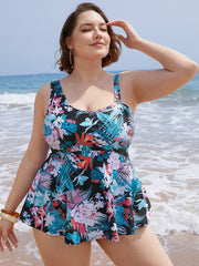 Floral Printed Asymmetrical Ruffles Hem Tankini Top