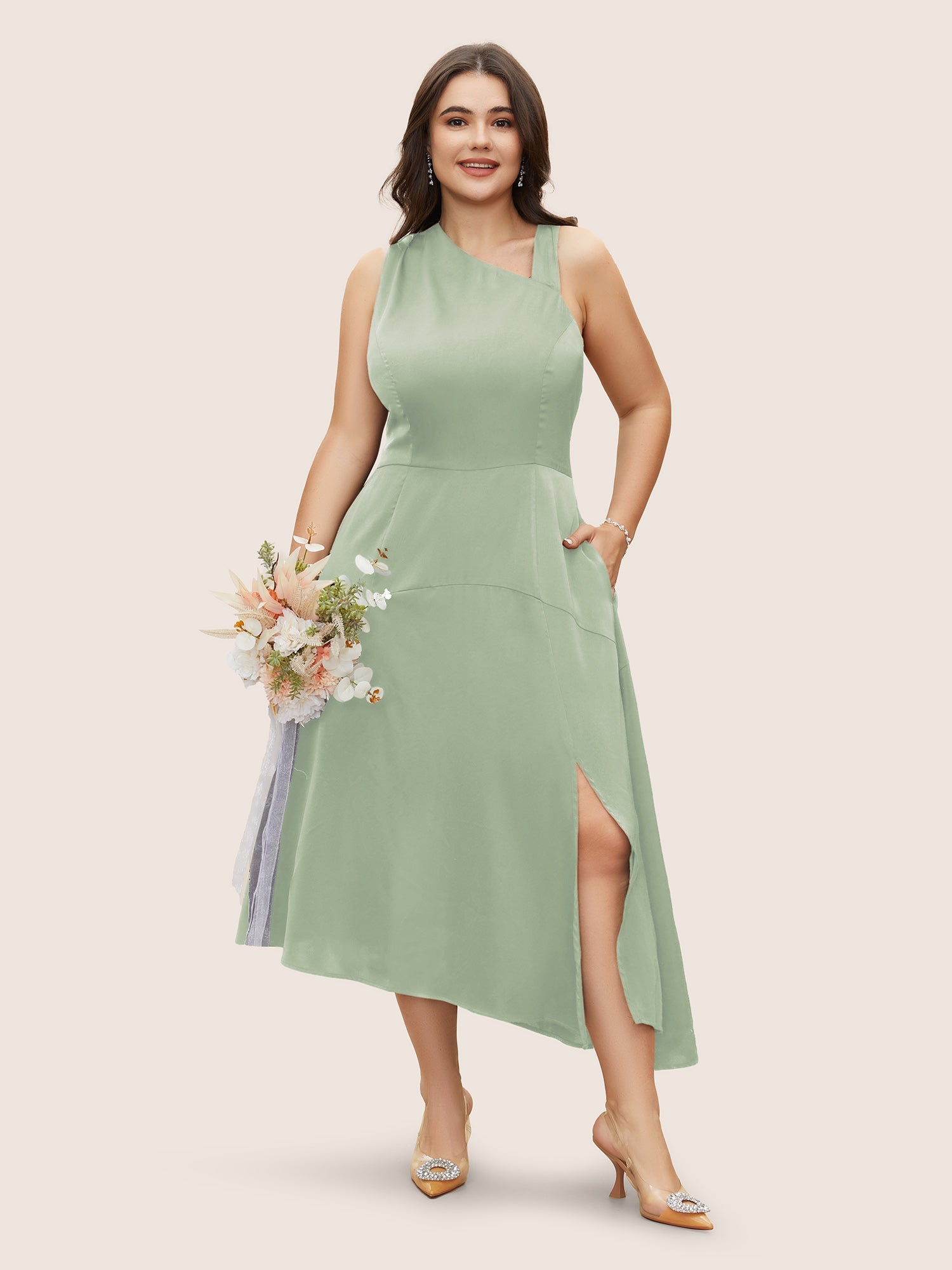 Solid Asymmetrical Neck Split Hem Dress