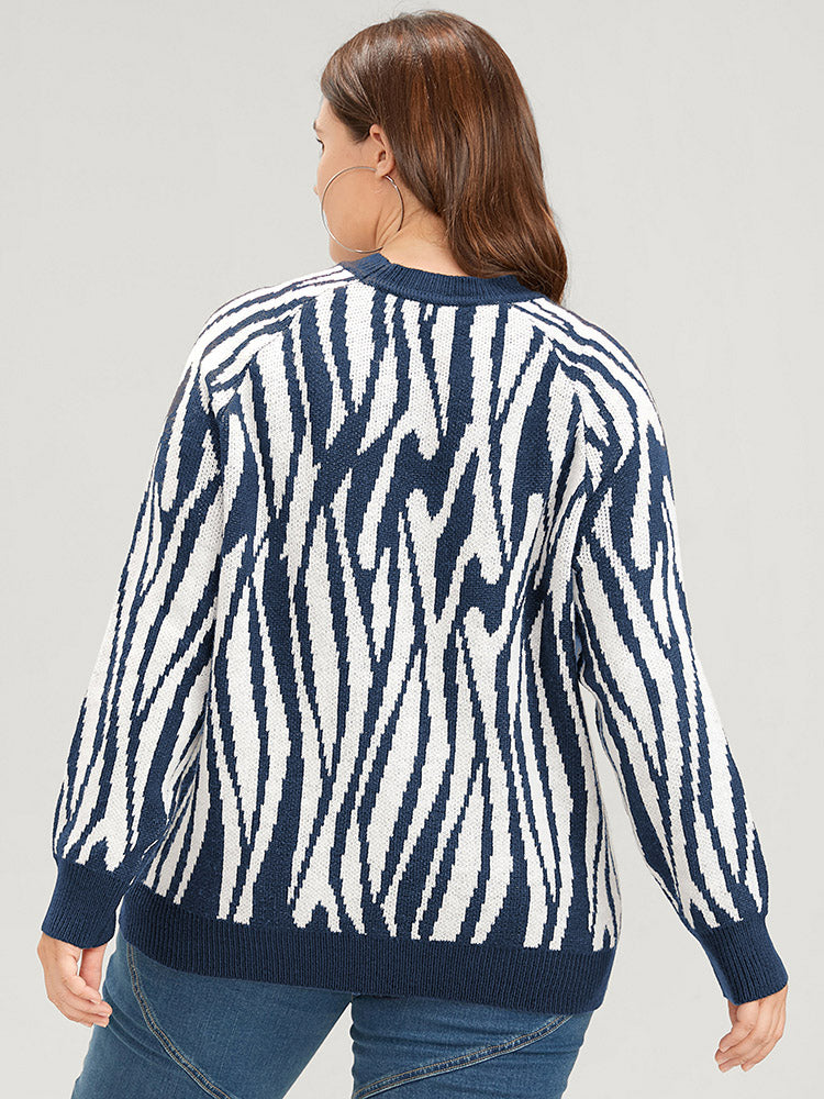 Zebra Print Pointelle Knit Raglan Sleeve Jacquard Knit Top
