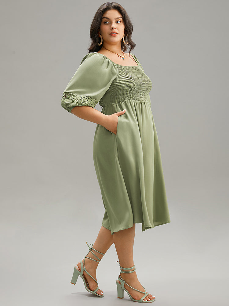 Solid Shirred Square Neck Guipure Lace Dress