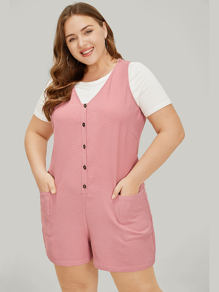Solid Pocket Waffle Knit Button Detail Tank Romper