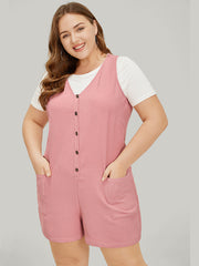 Solid Pocket Waffle Knit Button Detail Tank Romper