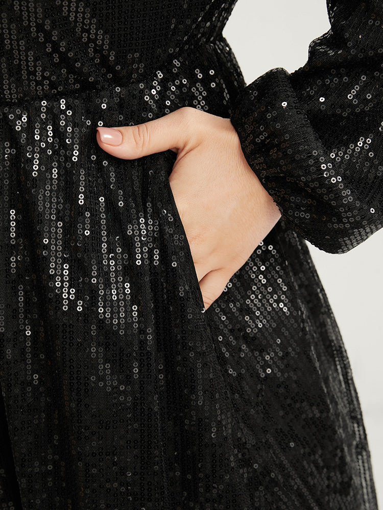 Solid Lantern Sleeve Pocket Wrap Sequin Maxi Dress