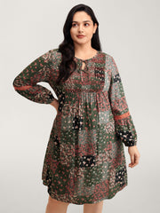 Floral Patchwork Shirred Pockets Midi Dress