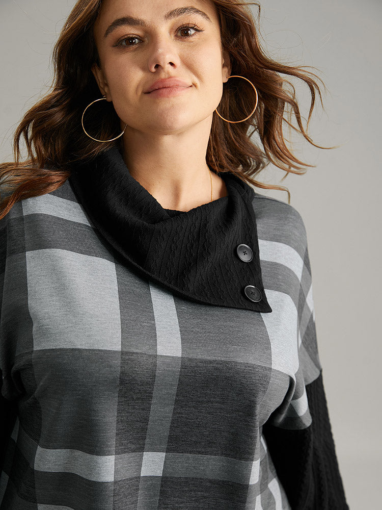 Plaid Patchwork Mock Neck Button Detail Sweatshirt