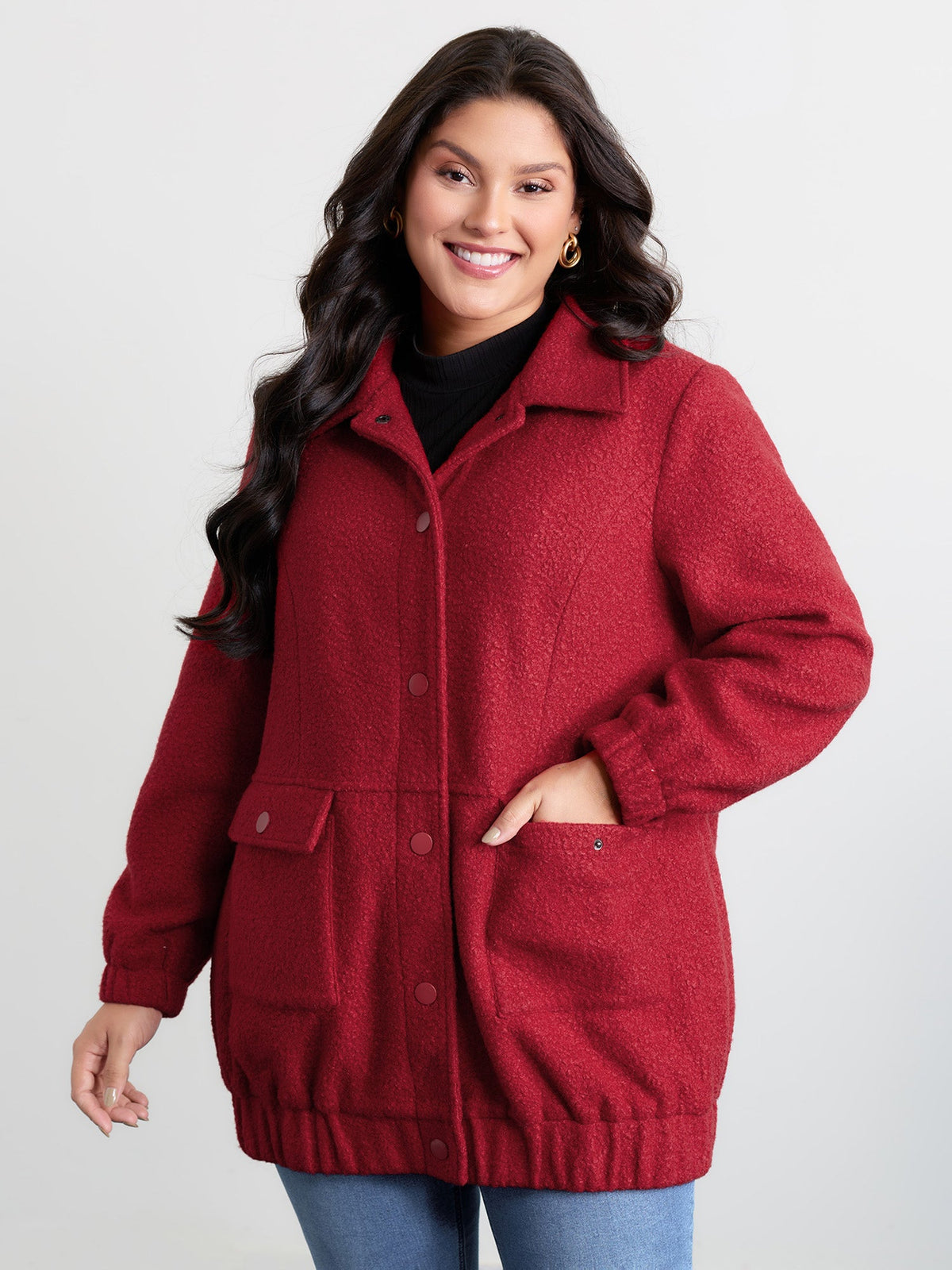 Textured Fuzzy Button Stretchy Hem Jacket