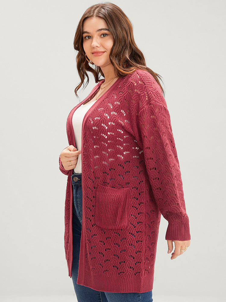 Plain Pointelle Knit Cut Out Pocket Open Front Mid Long Cardigan